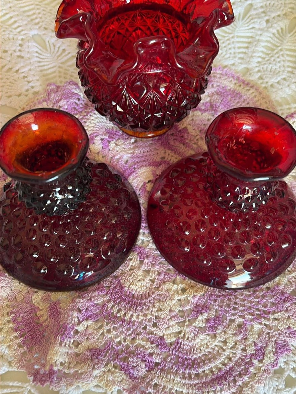 Vintage Fenton Hobnail Ruby candle holders & diamond ruffled fanned vase